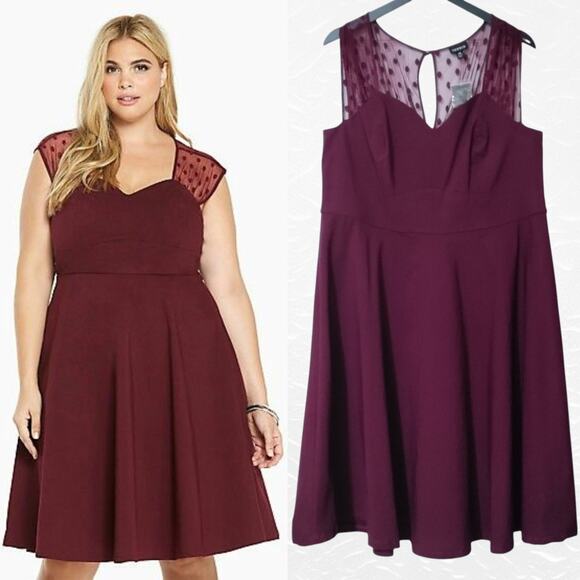 Torrid Plus Size 18 (2x) Burgundy Mesh Dot Pinup Swing Dress NWT - Picture 1 of 14